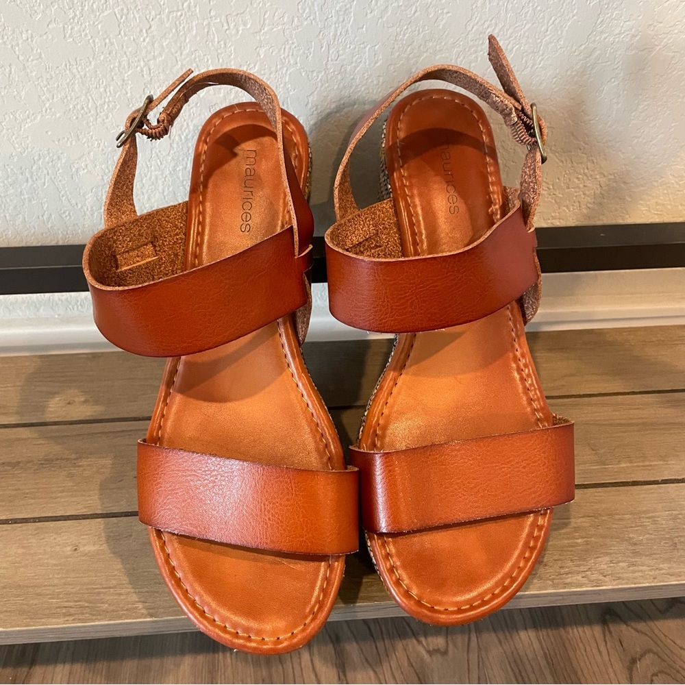 Maurices Wedge Sandals 7.5 Tan Strappy Platform Espadrille Boho Summer - Picture 3 of 14